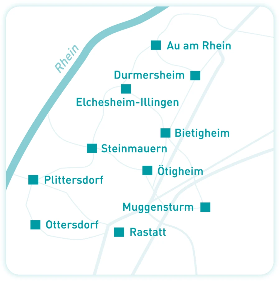 Karte des Einzugsgebiets zwischen Rhein und Rastatt mit den zehn Orten, in denen der Pflegedienst Hartmann versorgt